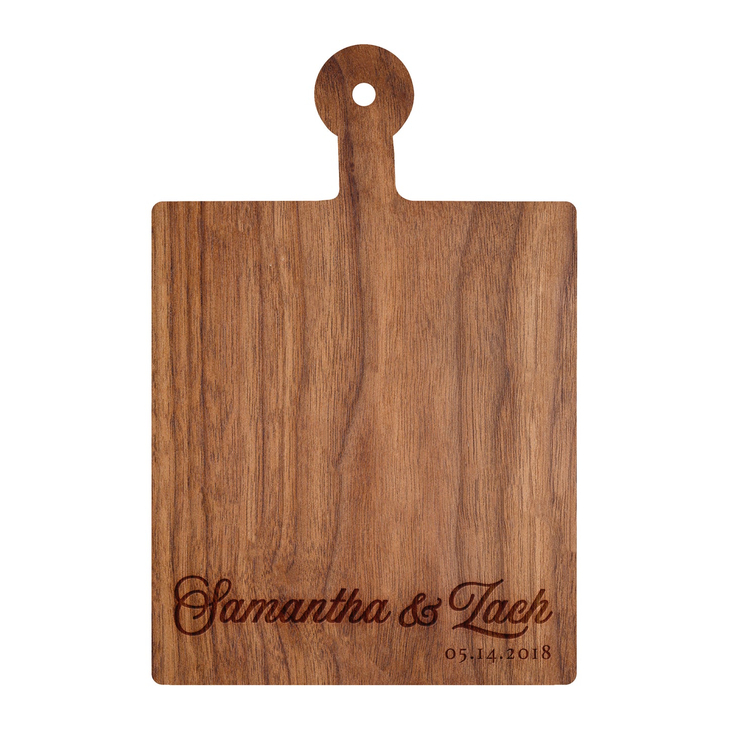 a wooden cutting board with a name on it