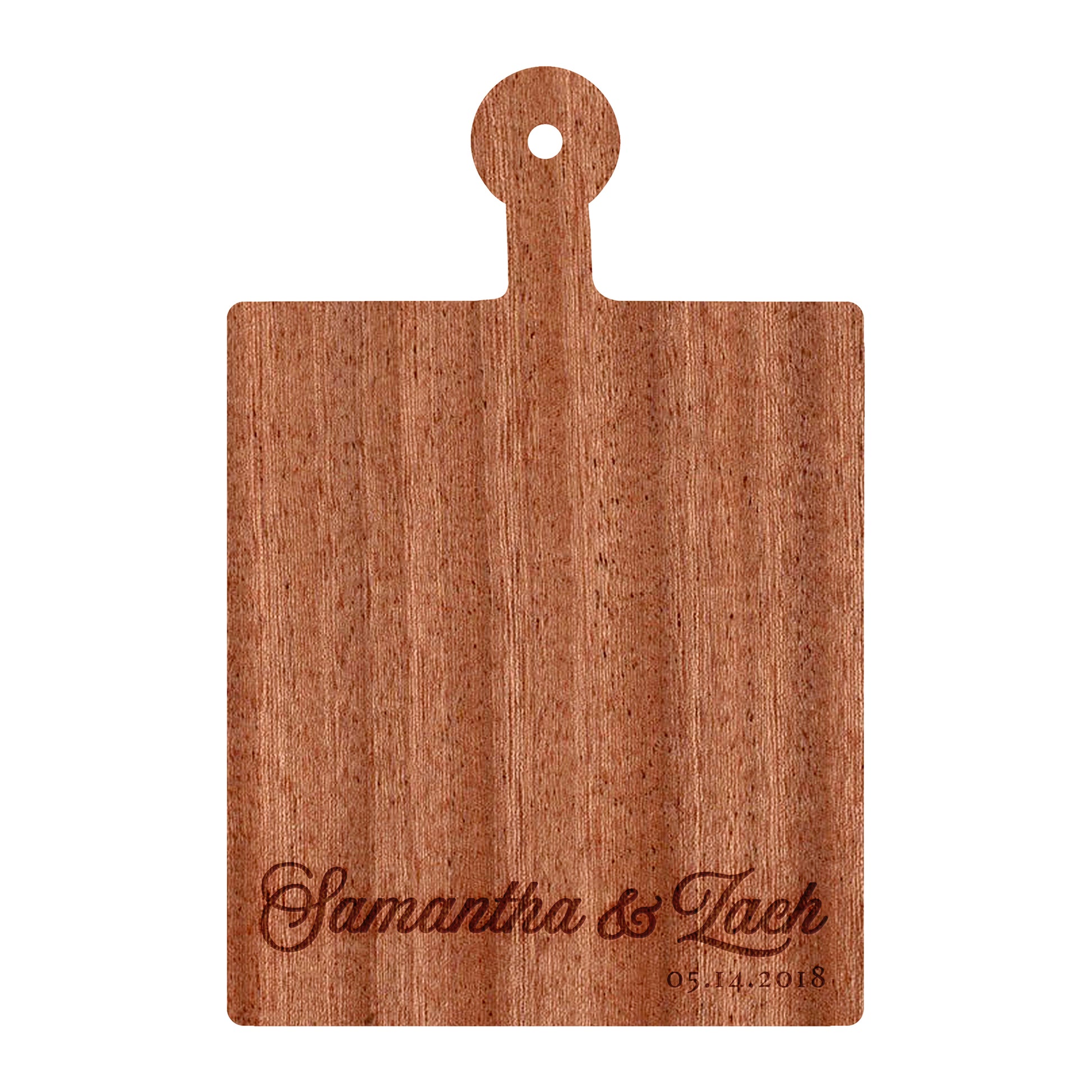 a wooden cutting board with a name on it